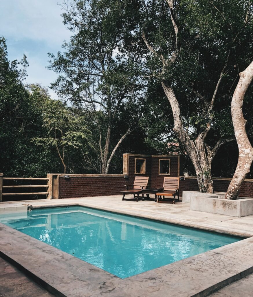 Residential backyard pool with trees